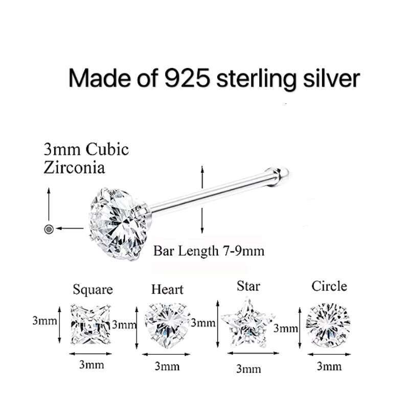 8Pcs Sterg Sier Rings Studs 3mm Round square star love heart Assorted Shapes CZ zircon Nose Body Piercing Jewelry