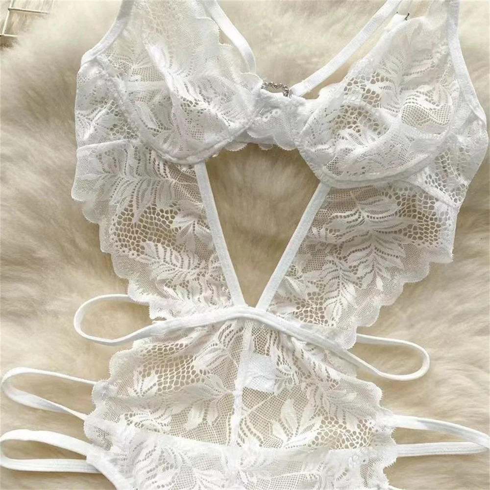 2024 Sexy Transparent Lace Camisole Jumpsuit Hollow Backless Women Pajama Sensual Erotic Ultra Thin Deep v Neck Bodysuit 250210