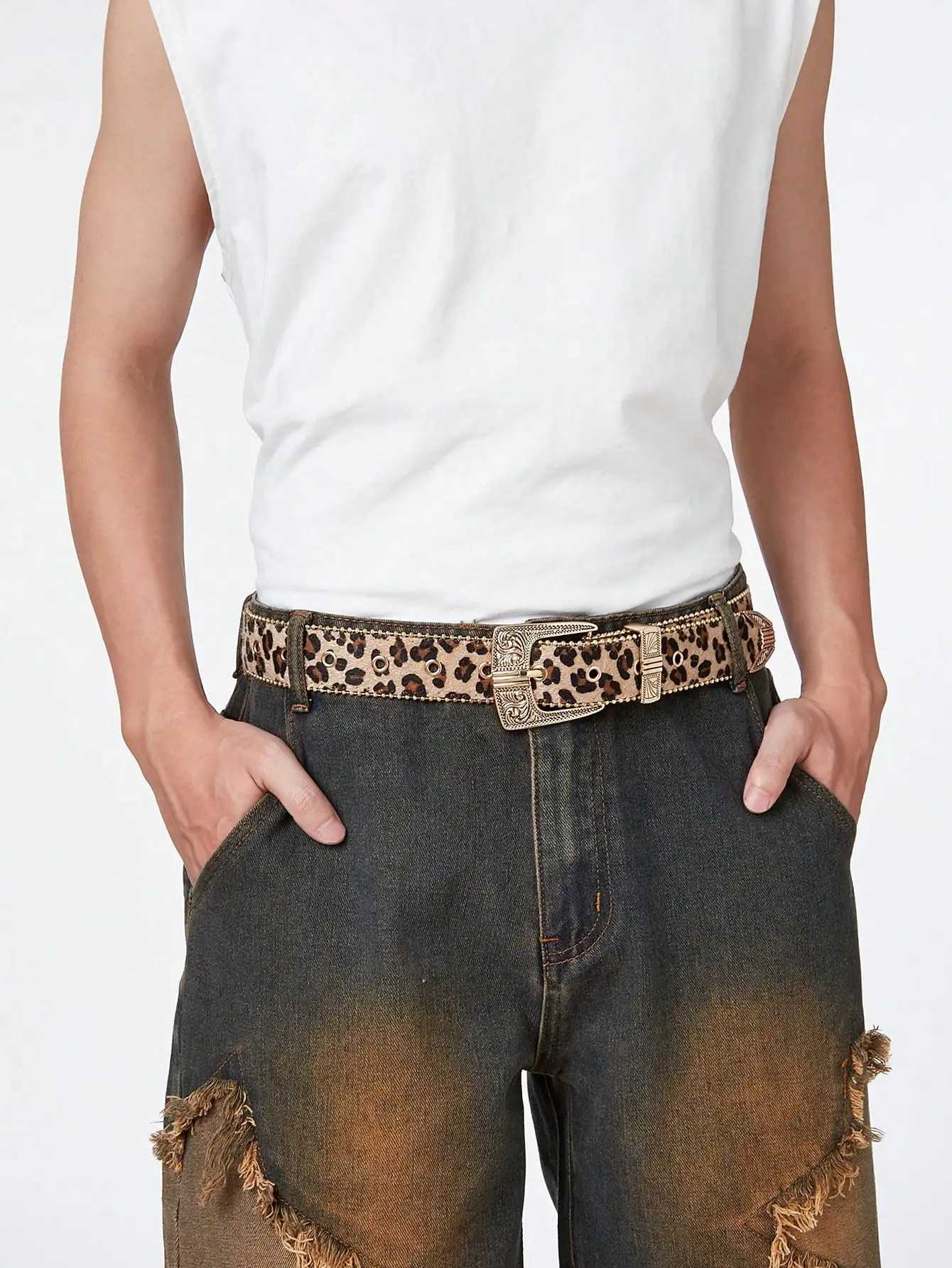 1pc Men Leopard Vintage Engraved Metal Buckle Pearl Edged Jeans Belt Versatile For Casual Wear HalloweenXJ250210