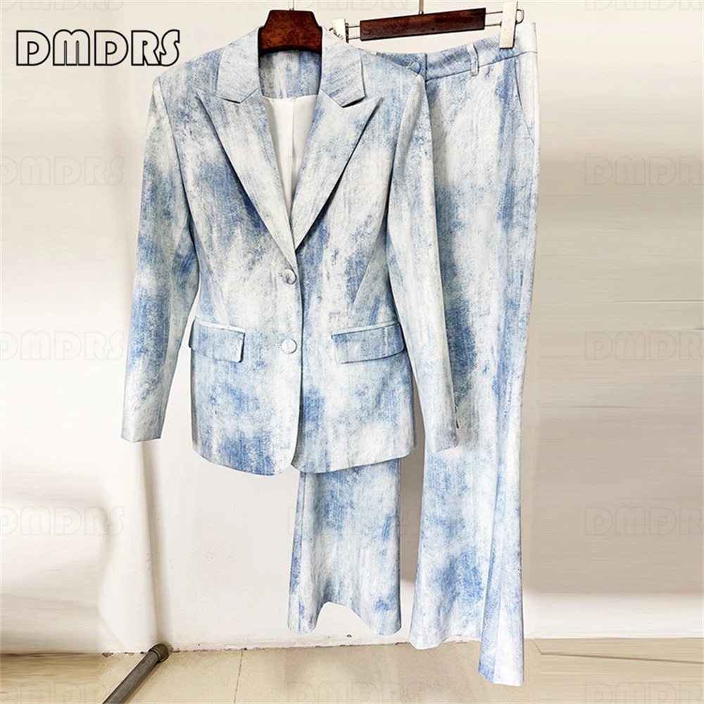 Retro Denim Suit Set for Women 2-Piece Fashion Outfit Blazer Pants Set High Street Plus Size Womens Suit Set Real Po 250210