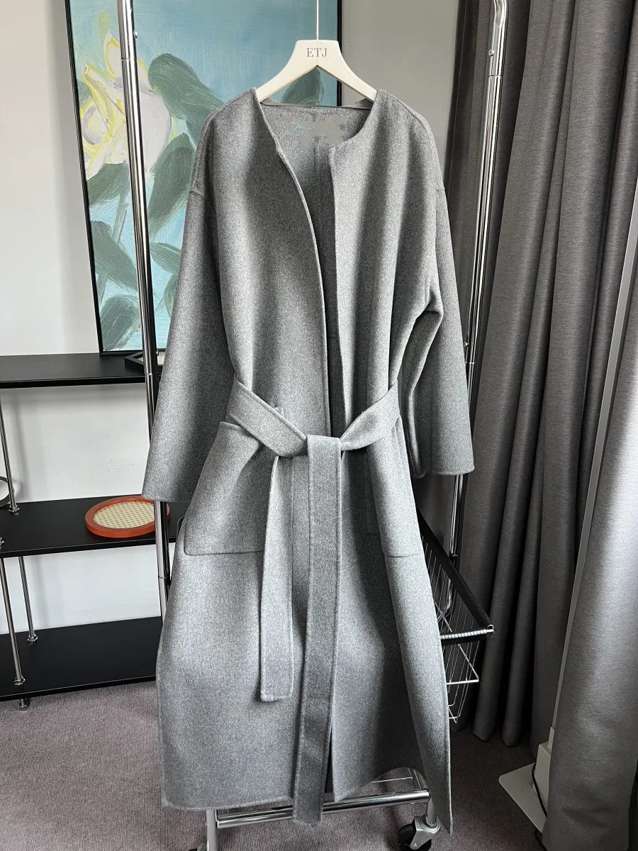 Wool blended doublefaced tweed coat traf handstitched longlength sidesplit collar 2024 autumn and winter 7522247 250109Z