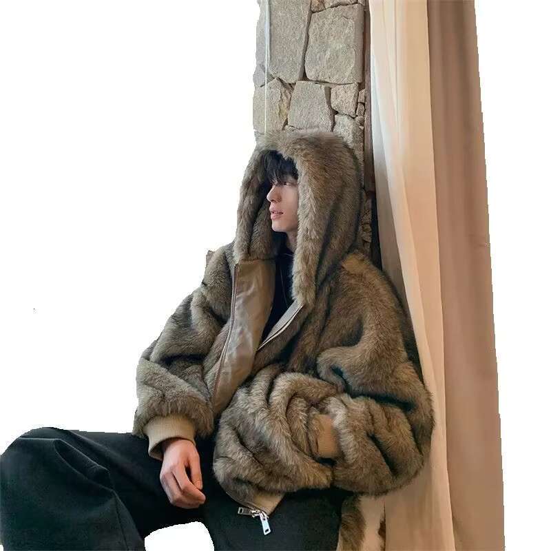 Men's Outerwear Pi Shuai Winter Autumn/Winter Men New Style Fox Imitation Fur Leather Fashion Loose Thick Warm Coat Commuter