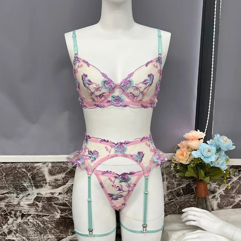Toucheart Fairy Lingerie Floral Transparent Underwear Embroidery Splicing Strap Sexy Lingerie Outfits Women Ruffle Garter Suit 250210