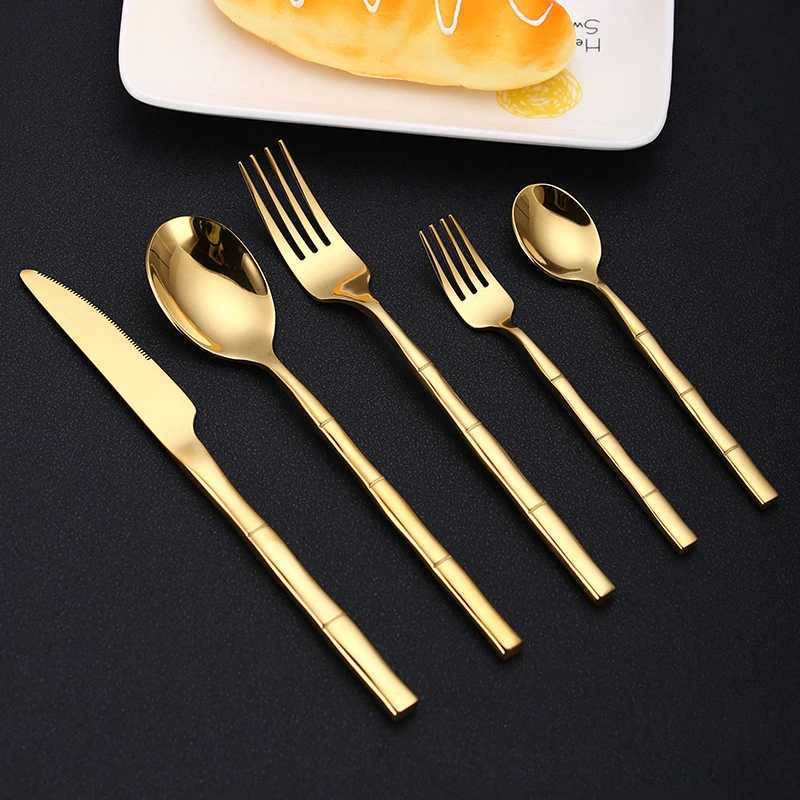 Stainless Steel Tableware Set Bamboo Festival Design Cutlery Knife Fork Spoon Flatware Set High Quality Golden Dinnerware Set X250210