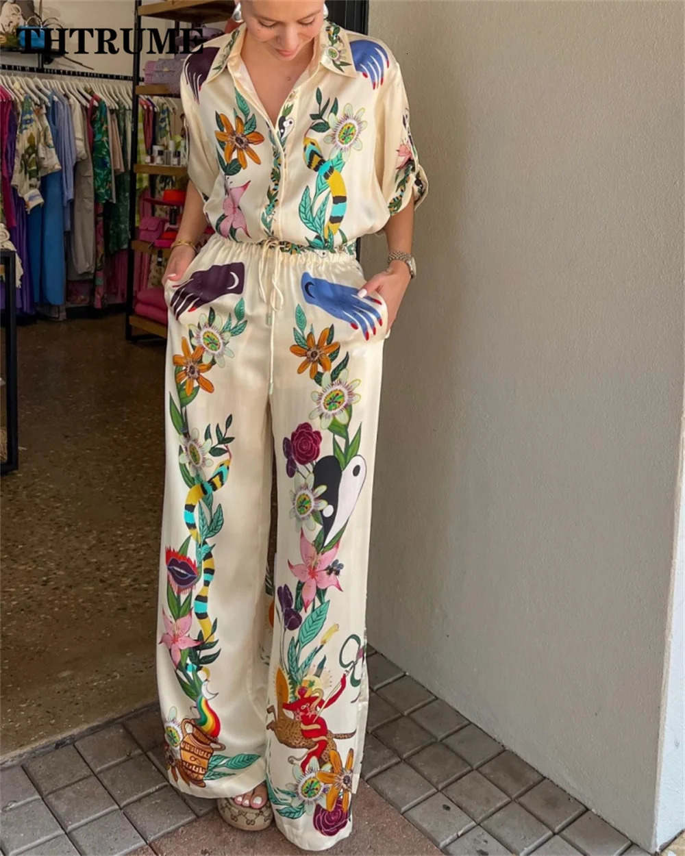 Fashion Women Two Piece Sets Elegant Summer Floral Print Lapel Single Breasted Tops Wide Leg Pants Outfits Casual Streetwear 250210
