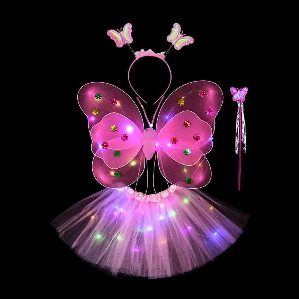 2-6 Year LED Children Costume Props Girls Skirts Luminous Wing Toys Flashing Butterfly Wing Skirt Set Kids Luminous Party Toys W250210