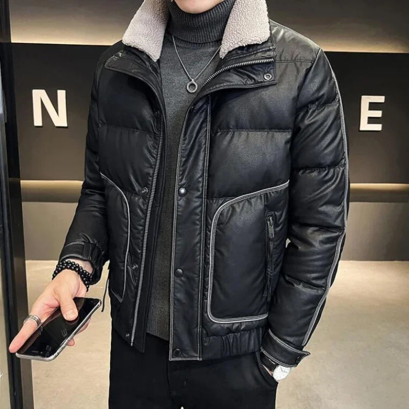 Lapel Short Thicken Warm Large Size Outwear Business Casual Solid Color Outcoat Winter Men Leather Down Jacket Male Fashion 250109Z