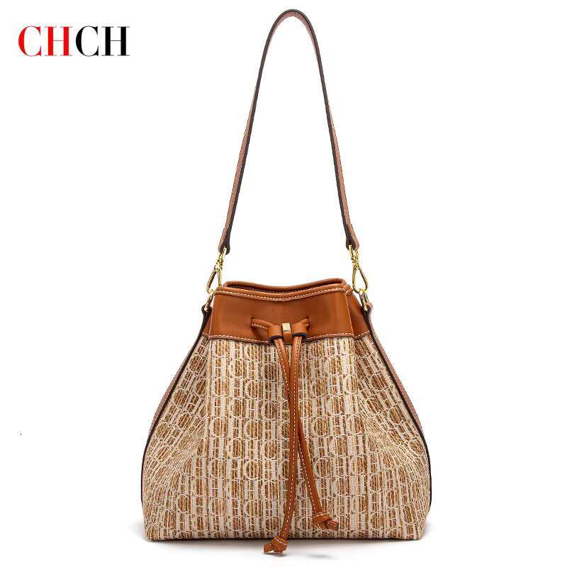 CHCH Women's Top Handbag New Knitted Texture Drawstring Large Capacity Dual Use Travel Shopping Bag