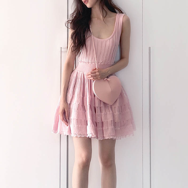 Women's U-Neck Knit Camisole Dress Designer Sexy Cut-Out Mini Dress With Pleated Detail Available In Three Colors Spring Chic Versatile For Any O