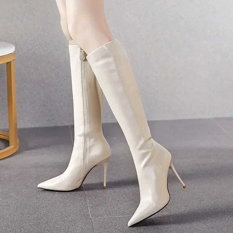 Black Womens Boots Long Pointed Toe Very High Heel Shoes for Woman Footwear Winter Knee Shaft Boot Trend 2024 Demi-season HotC250210