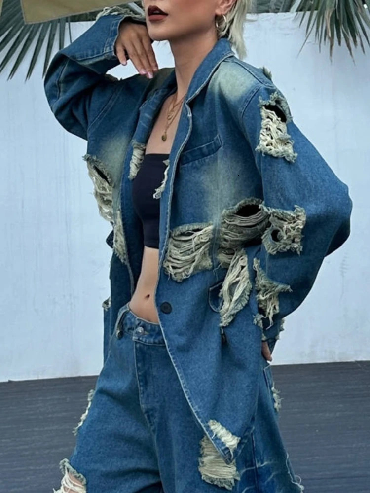 Vintage Street Denim Suit Autumn Ripped Tassel Loose Blazer CoatWide Leg Casual Jeans Straight Pants Two-Piece Set 250210