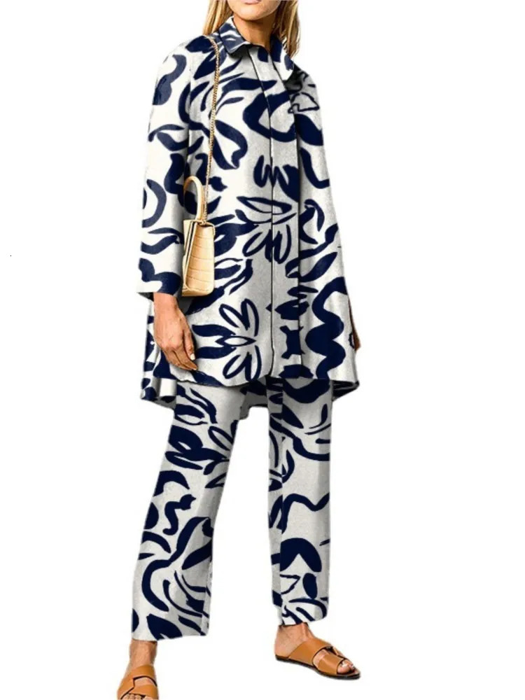 Autumn Vintage Printed Pant Sets Women Long Shirts And Wide Legs Trousers Two Piece Set Fashion Trendy Streetwear Lady Suits 250210