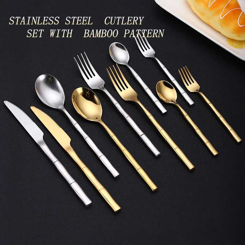 Stainless Steel Tableware Set Bamboo Festival Design Cutlery Knife Fork Spoon Flatware Set High Quality Golden Dinnerware Set X250210
