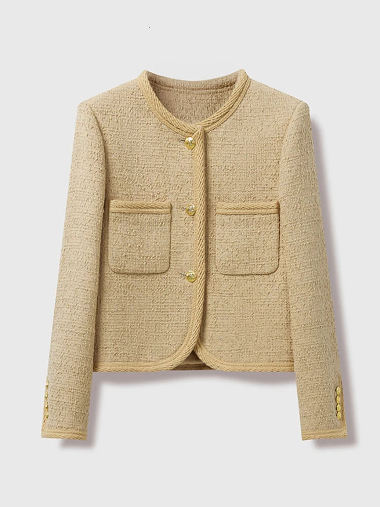 Autumn Womens Tweed Jacket Chic Single-Breasted Round Neck Elegant Wool Short Coat Femme Outwear Casacos 250208
