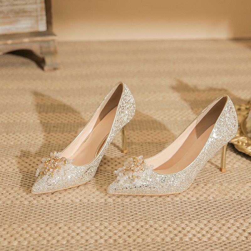 Dress Shoes 2023 wedding shoe New bridesmaids pointed toe stiletto single shoes champagne sequined heels 230823