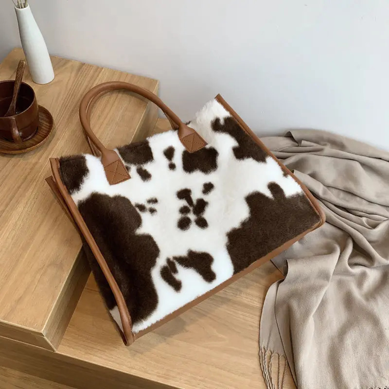 Plush cow pattern handbag Womens large capacity autumn winter fashionable plush shoulder bag college student tote bag 250207