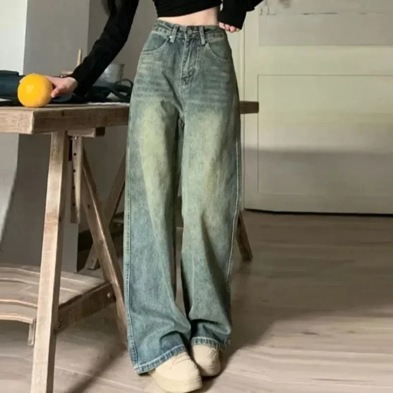 2024 Vintage Jean Irregular High Waist Slimming Wide Leg Mop Long Pants Fashion Blue Baggy Jeans Y2K y250121