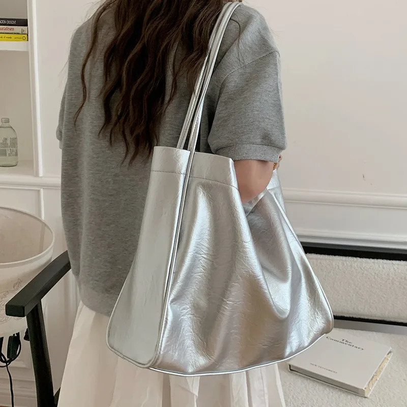 Casual large capacity Commuting women shoulder bags soft pu lady purses and handbags big silver 250207