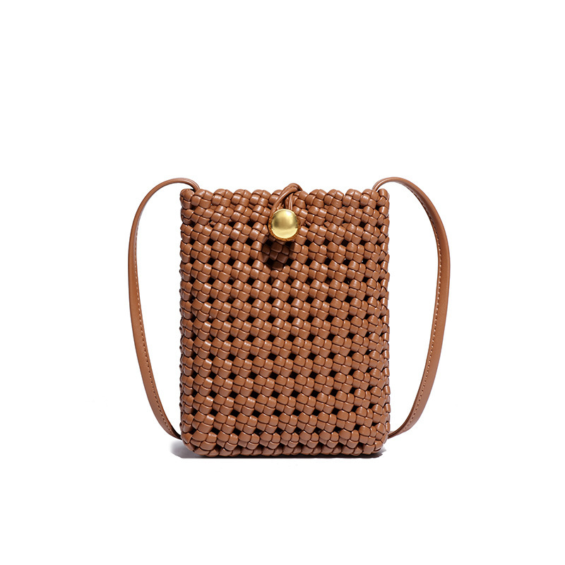Hand-Woven Hollow Mobile Phone Women's Niche High-End Fashion Shoulder Gilt Buckle Crossbody Mini Small Square Bag