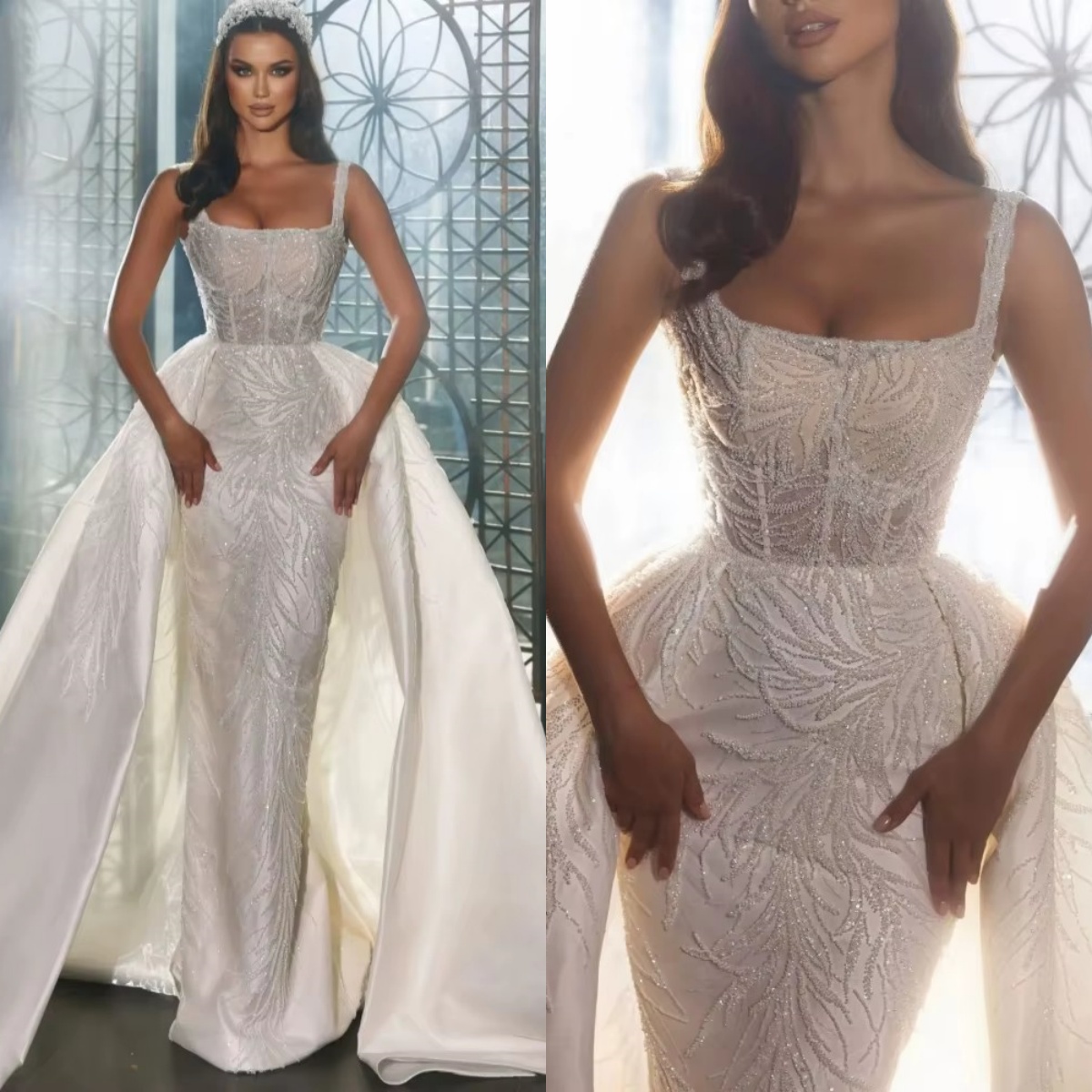 Simple Mermaid Wedding Dress Square Neck Sleeveless Bridal Gowns Sequins Detachable Train Dresses Custom Made vestidos de novia