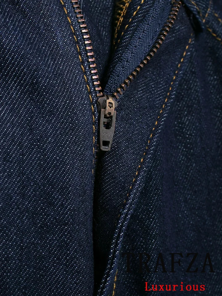 TRAFZA Vintage Office Lady Solid Denim Women Suit V-Neck Single Breasted Vest Straight Loose Pants Fashion Autumn Sets 250210