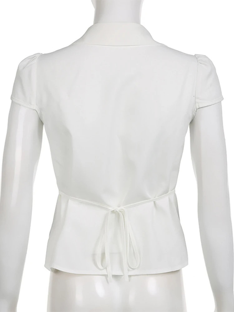 White tie t-shirt y2k womens short sleeved lapel button top retro Harajuku Korean style summer casual t-shirt 250208