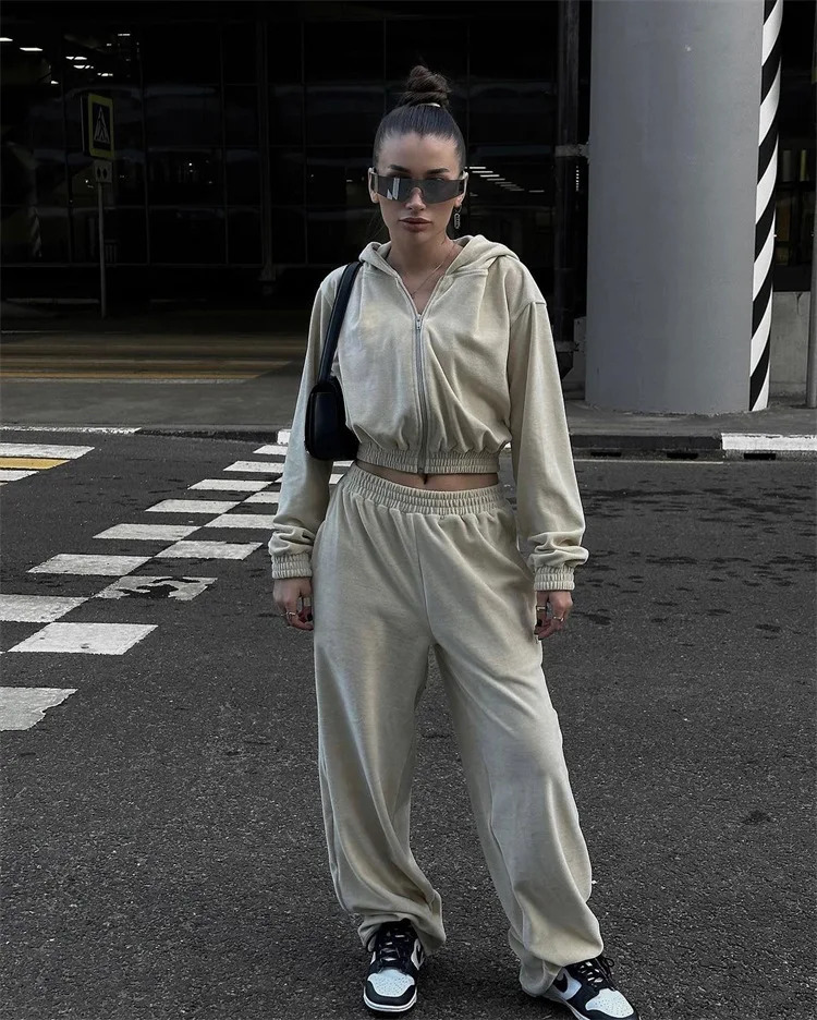 Casual suit Womens street style long sleeve hooded cardigan elastic trousers two-piece trousers suit womens clothing 250210