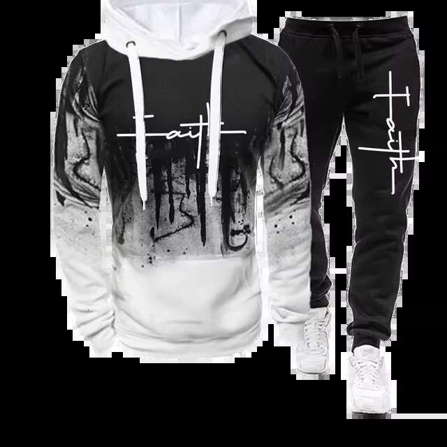 Men's Outerwear Fashion Faith Print Autumn Men's Casual Tracksuit Men Sweatshirts And Sweatpants Two Pieces Sets Sportswear Plus Size Custom
