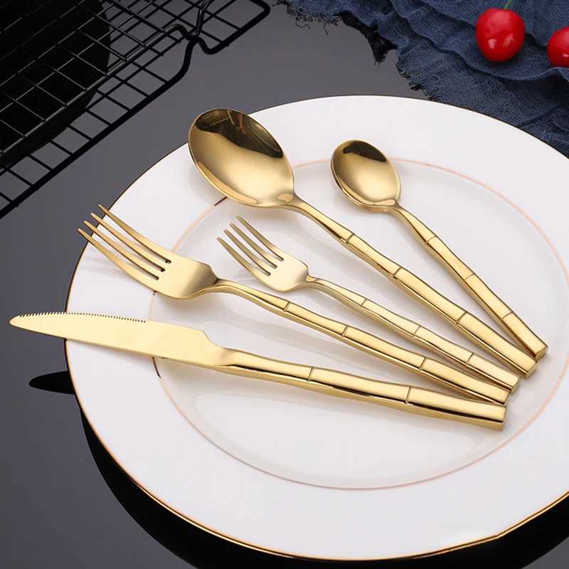 Stainless Steel Tableware Set Bamboo Festival Design Cutlery Knife Fork Spoon Flatware Set High Quality Golden Dinnerware Set X250210