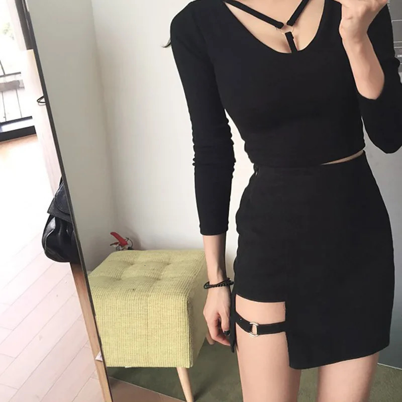 Korean Style Black Package Hip Skirts Irregular Hem Pencil Micro Mini Skirt Sexy Slim Women Party 250208Z