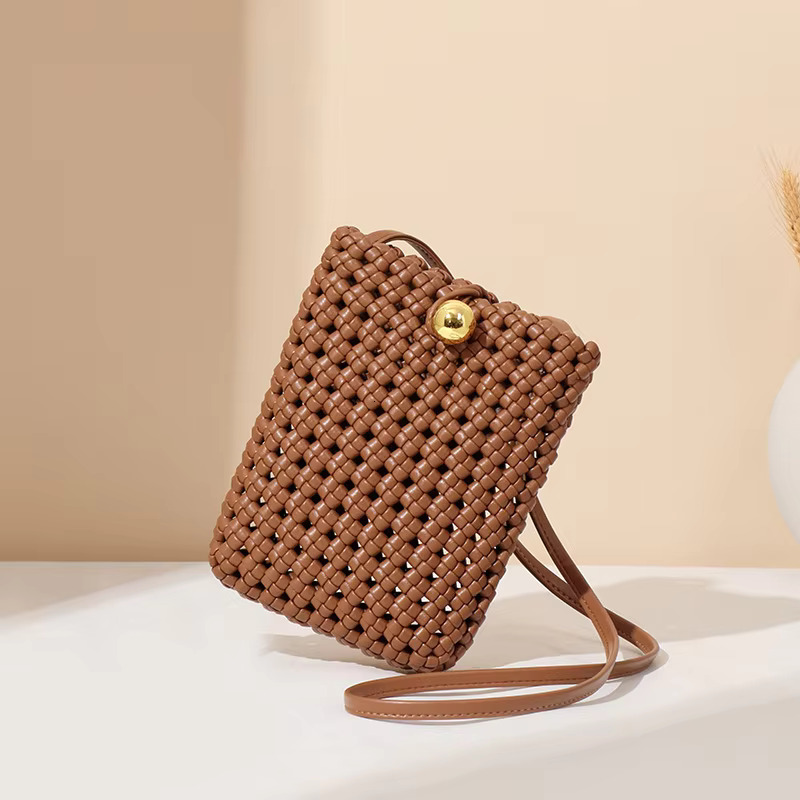 Hand-Woven Hollow Mobile Phone Women's Niche High-End Fashion Shoulder Gilt Buckle Crossbody Mini Small Square Bag