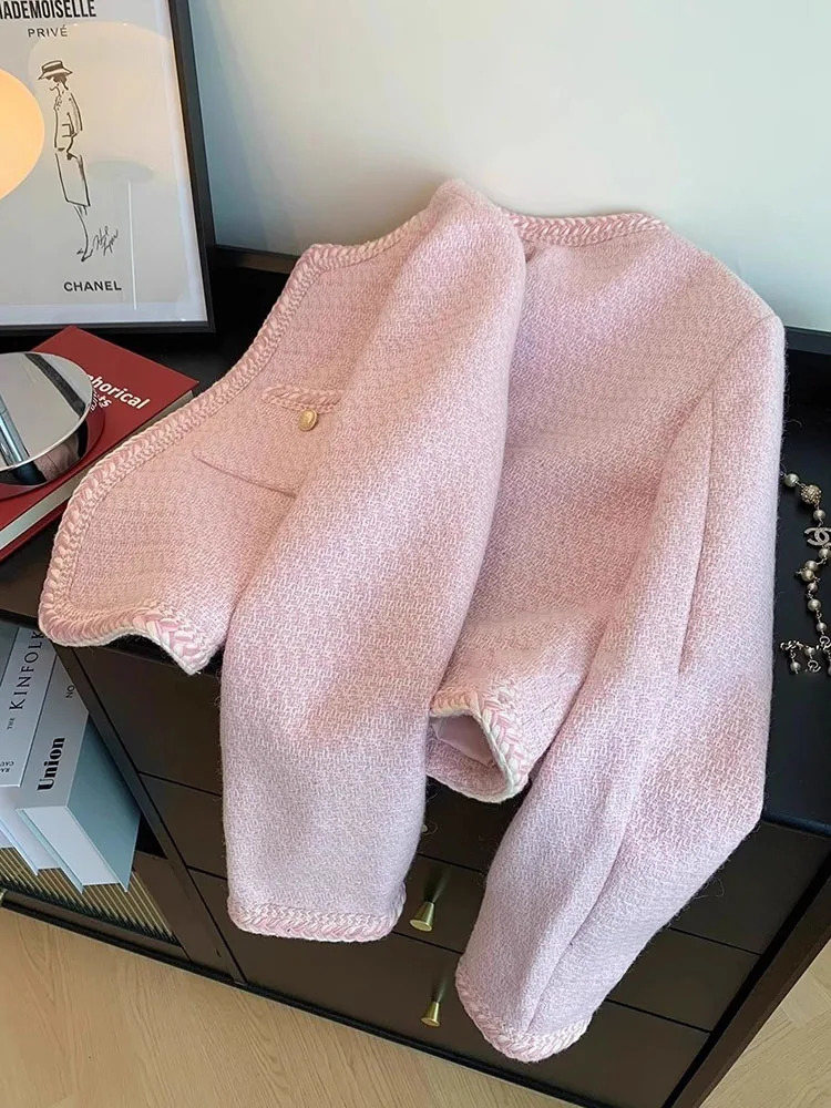 Jmprs Women Sweet Pink Tweed Jackets Elegant Fashion Long Sleeve Patchwork Korean Coat Casual High Quality Open Stitch Outwear 250208