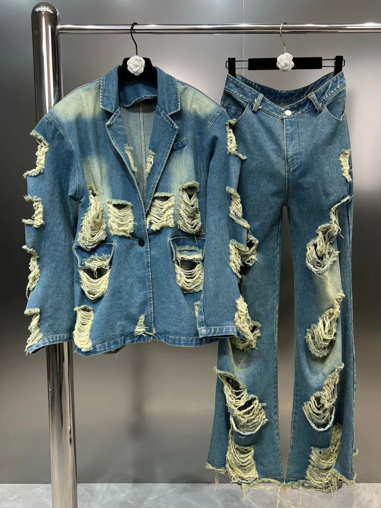Vintage Street Denim Suit Autumn Ripped Tassel Loose Blazer CoatWide Leg Casual Jeans Straight Pants Two-Piece Set 250210