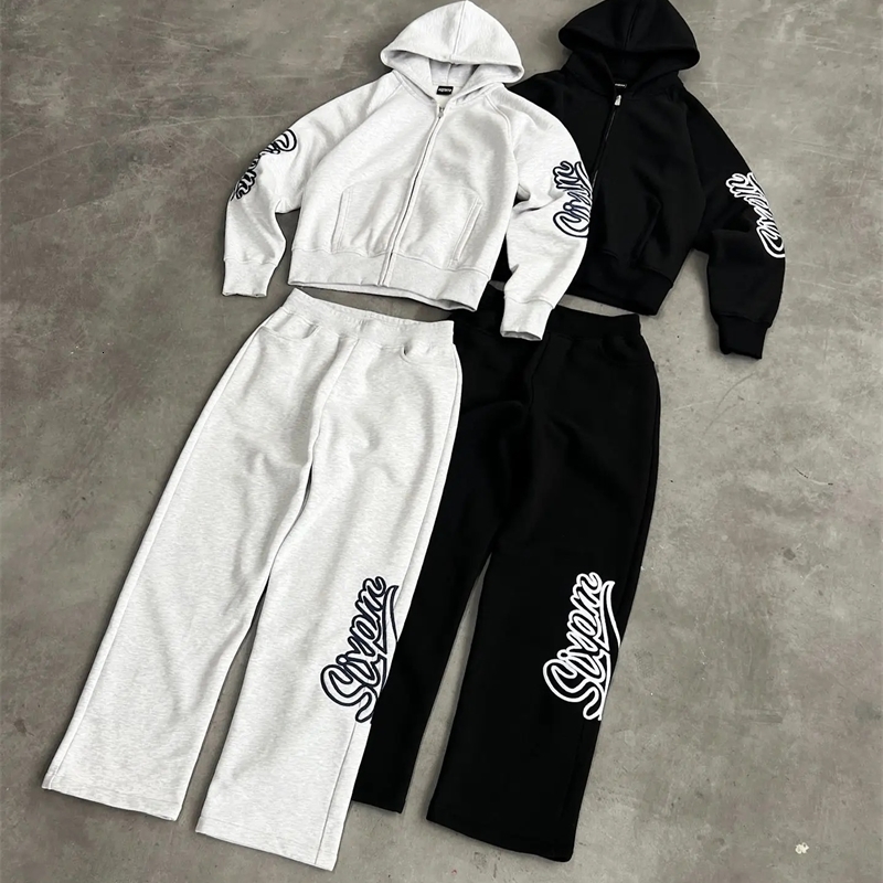 Retro Trend Zipper Hoodie and Casual Pants 2Pieces Sets Loose Leisure Tracksuit Y2k Street Sweatshirt Men Sweatpants Suit 250109Z