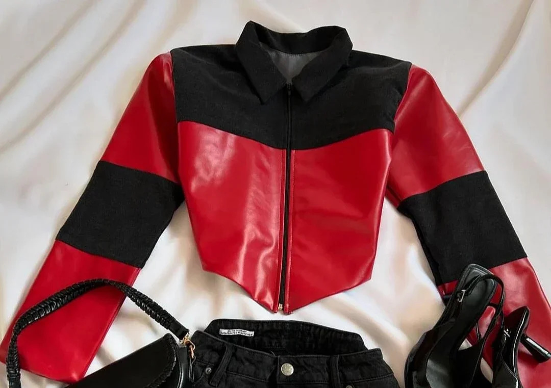 Y2K Gothic Leather Patchwork Denim Two Piece Women Clothes Harajuku Zip Jacket Mini Pleat Skirt Set 250210