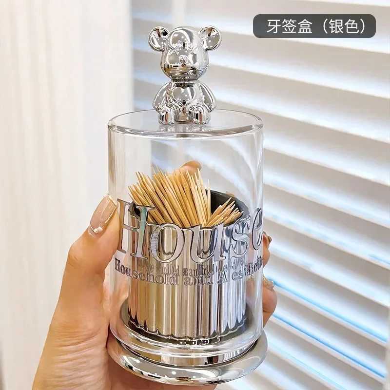 Cute Bear Toothpick Holder Cotton Swab Rod Storage Box Jewelry Bathroom Makeup Container Lipstick Organizer Box Y250210