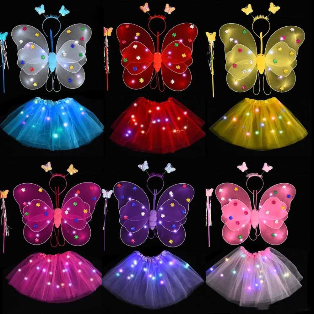 2-6 Year LED Children Costume Props Girls Skirts Luminous Wing Toys Flashing Butterfly Wing Skirt Set Kids Luminous Party Toys W250210