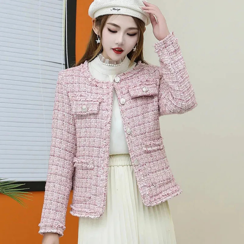 Autumn Winter Vintage Pink Tweed Women Blazers Lady Small Fragrance Jacket Coat Korean Woolen Coats Elegant Female Outerwear 250208