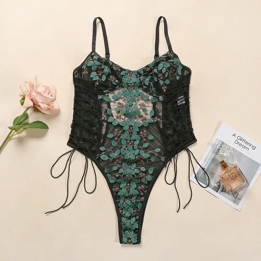 Womens Sweet Lace Flower Embroidery Strap Lingerie Set Sexy Perspective Temptation Jumpsuit Female Solid Exotic Apparel Suit 250210