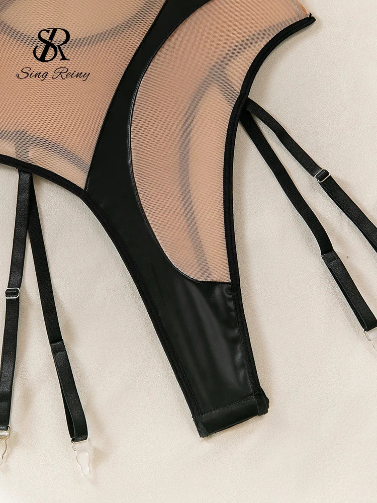 SINGREINY Halter Hollow Out PU Leather Playsuits Women Strapless Shapewear 2024 Fashion Patchwork Sheer Backless Sexy Bodysuits 250210