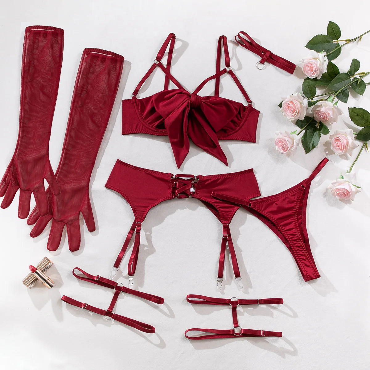 Sexy Hollow Out Bow Decor Lingerie Set Women Solid Exotic Apparel Suit Female Pure Desire Style Underwear with Garter and Gloves 250210