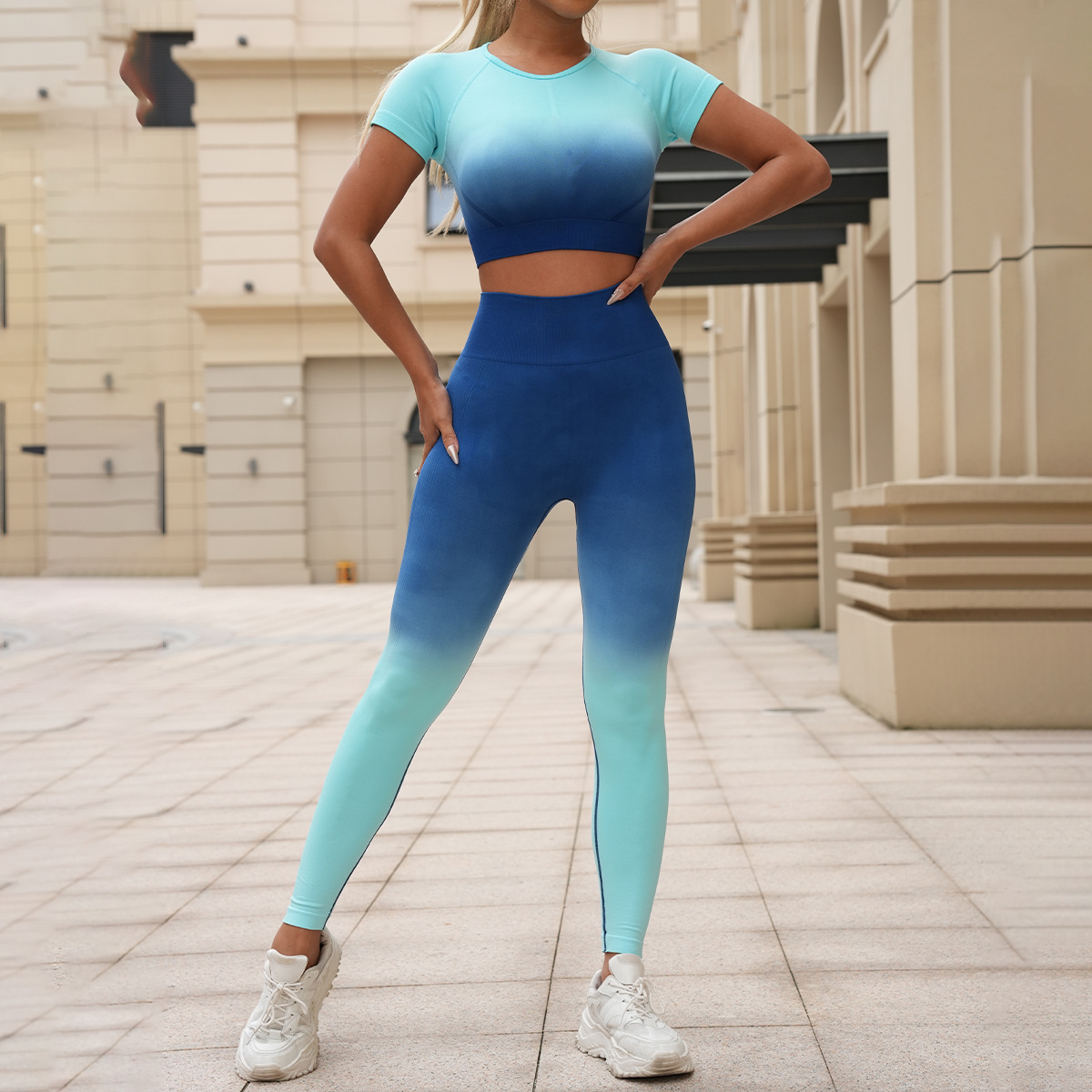 High quality women's slim fitting gradient hanging dye short sleeved pants yoga set outdoor running sports versatile fitness suit