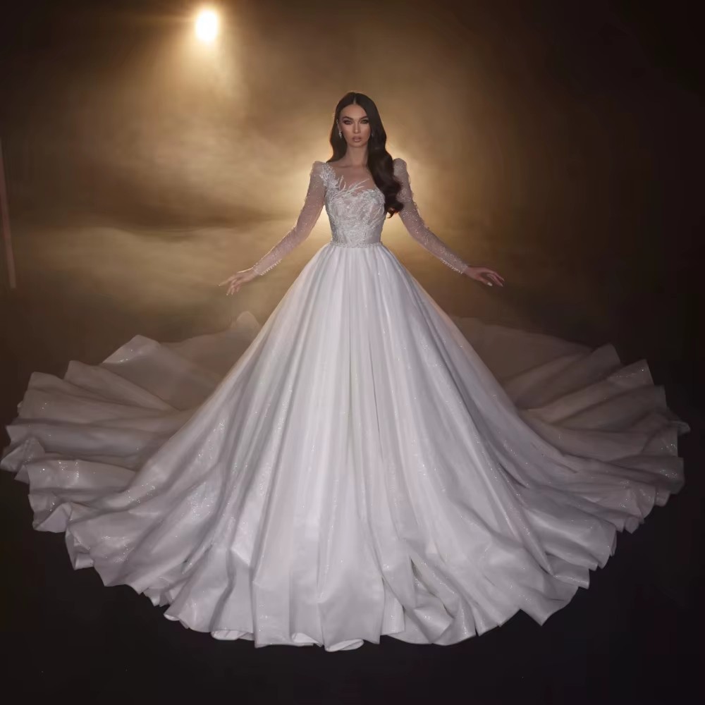 Classic Women Wedding Sheer Neck Long Sleeves Bridal Gowns Sequins Appliques Sweep Train Dress Custom Made vestidos de novia