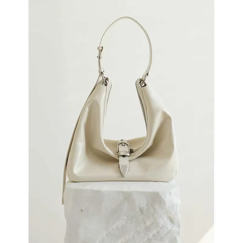Metal Buckle Texture Niche Design, Genuine Leather Underarm Women's Shoulder Tote Bag