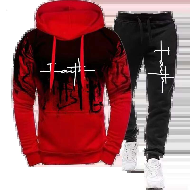 Men's Outerwear Fashion Faith Print Autumn Men's Casual Tracksuit Men Sweatshirts And Sweatpants Two Pieces Sets Sportswear Plus Size Custom