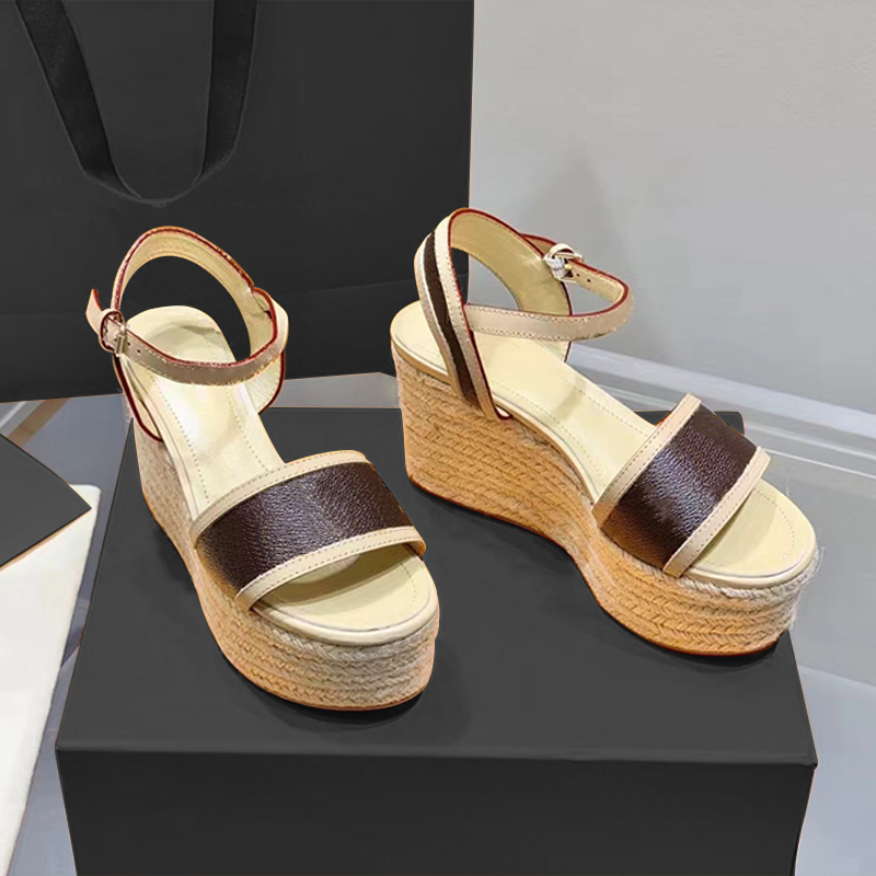 With Box Designer Wedge Sandals Women Platform Espadrilles Sandal Leather High Heels Adjustable Buckle Wedding Dress Shoes A378