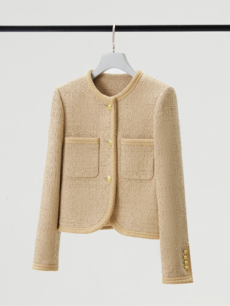 Autumn Womens Tweed Jacket Chic Single-Breasted Round Neck Elegant Wool Short Coat Femme Outwear Casacos 250208