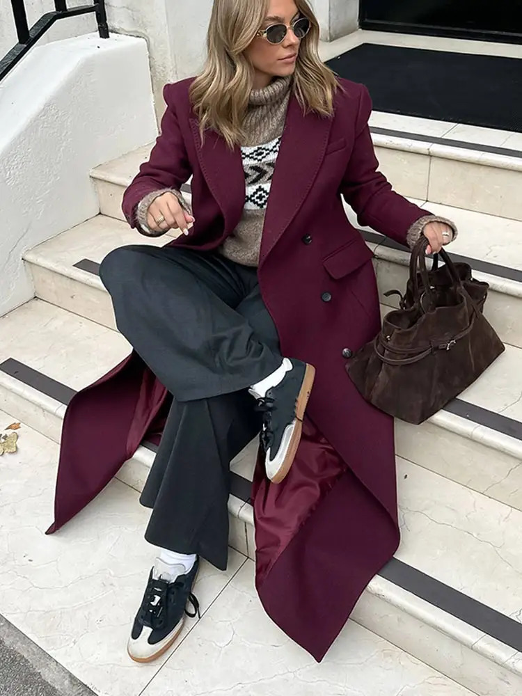 Street Womens Burgundy Woolen Overcoat With Belt Vintage Lapel Double Breasted Long Coat 2024 Autumn Winter Lady Chic Outwear 250109Z