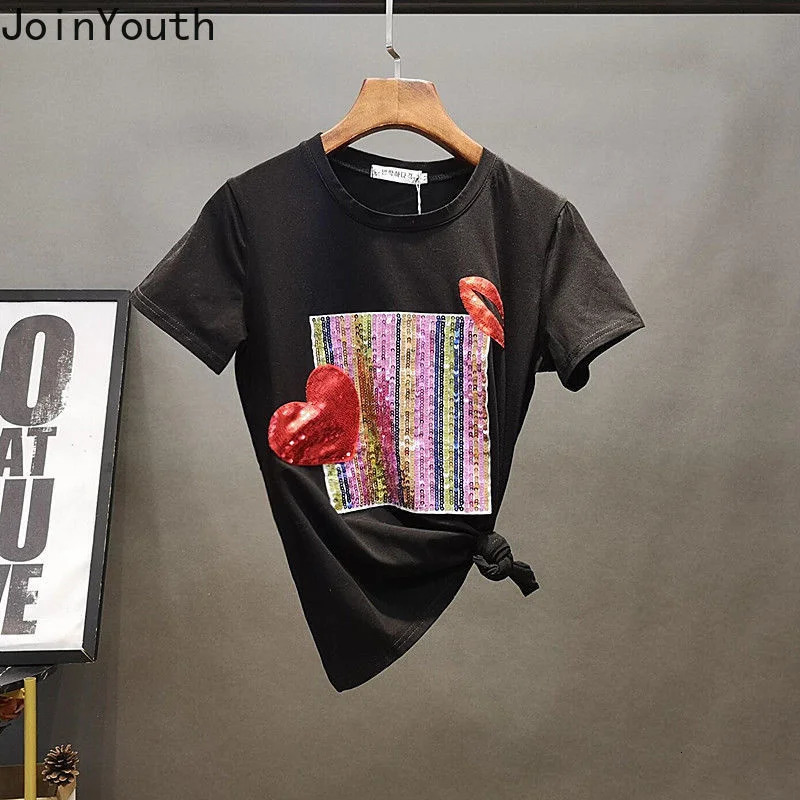 Joinyouth Fashion Sets Chic Sequins White Tshirt High Waist Ripped Jeans Suit Roupas Femme Korean Pants 2 Piece Set Women 250210