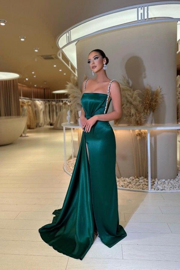 New Dark Green Spaghetti Straps Satin Evening Dresses Beads Sequins Dress with High Thigh Slit Satin Formal Prom Gowns BC16449 0210